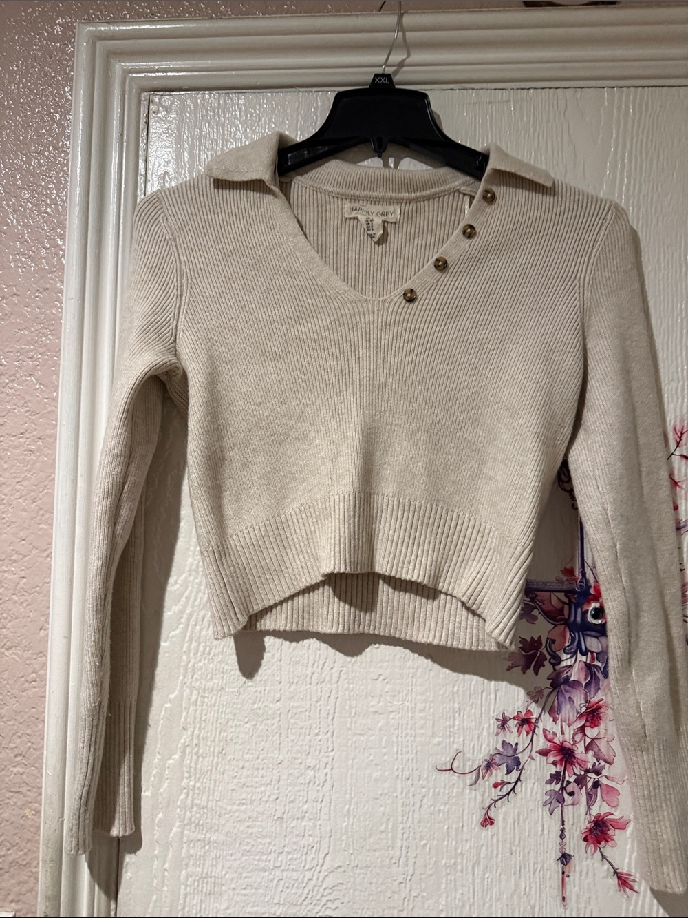 Button-Accent Cream V-Neck Collared Sweater
